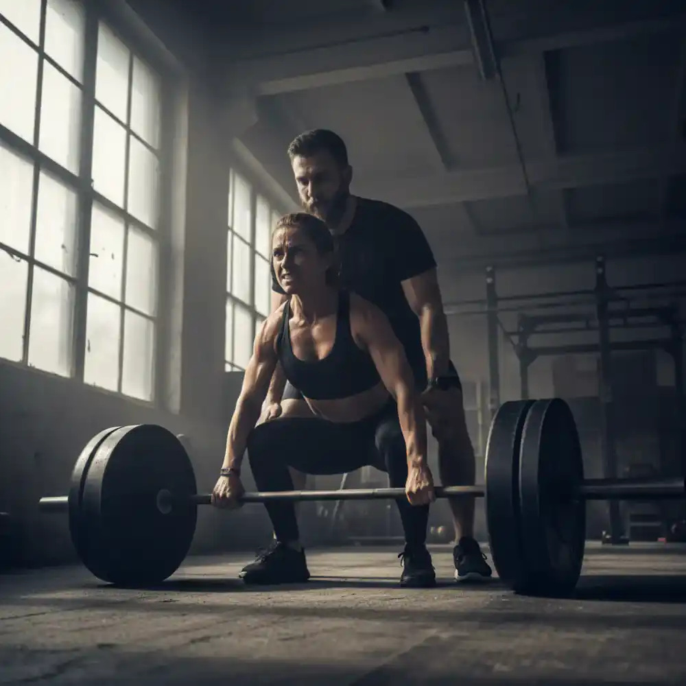 Coach assisting athlete with a lift