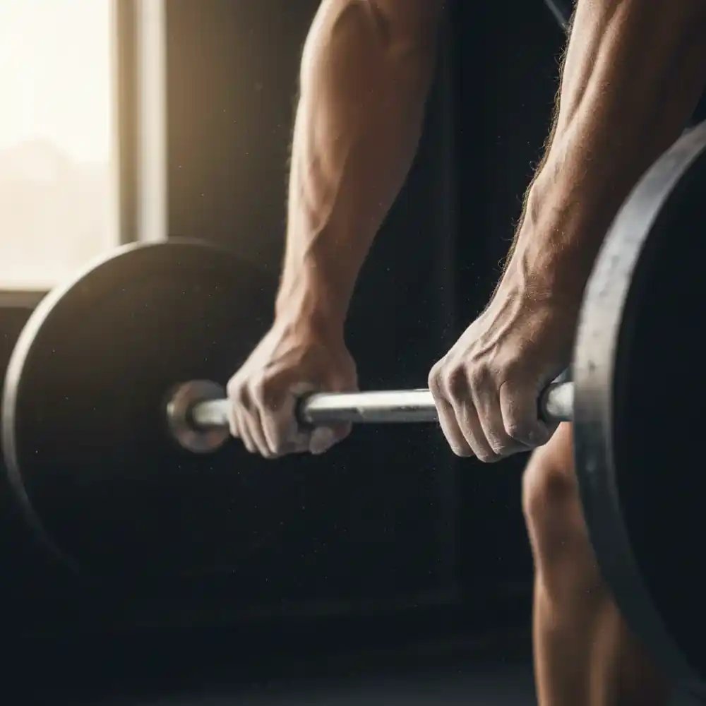 Chalked hands gripping a barbell